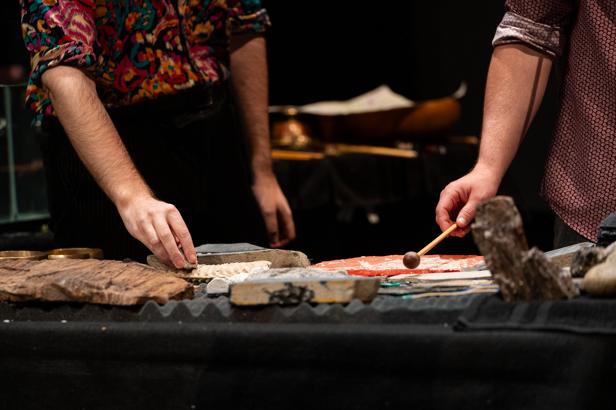 Loadbang performing from the scrolling score for Reading Mantle Petrology.