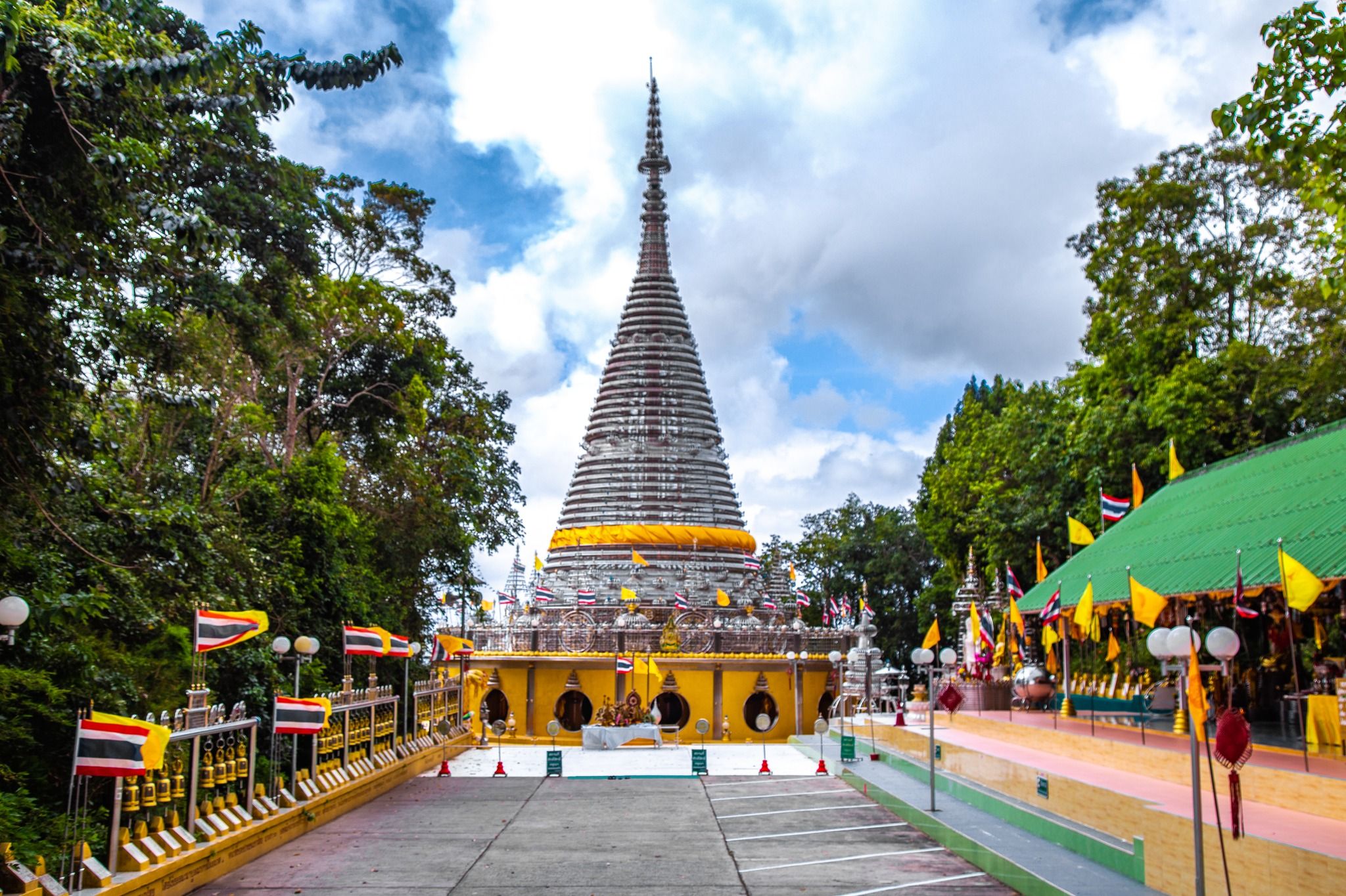 Phra Maha Chedi Tripob Trimongkol, a stainless-steel pagoda near Hat Yai, Thailand.